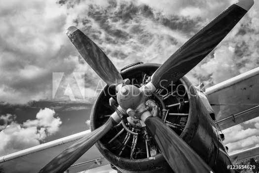 Picture of Close up of old airplane in black and white